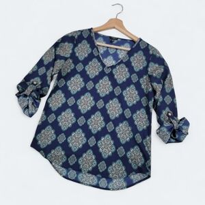 Ann Taylor Blue Patterned Women's Roll Tab Sleeve Top Size XSP Long Sleeves